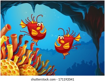 Illustration of the two fishes under the sea near the coral reefs on a white background