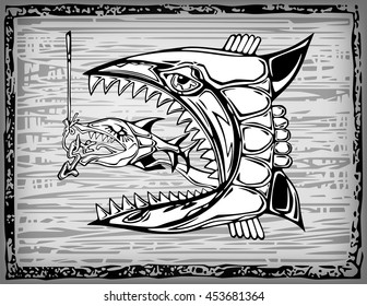 Illustration of two fishes in woodcut style 