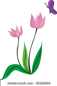 an illustration of two flowers and a butterfly