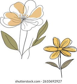 Illustration of two flowers with line art and filled with yellow and green colors.
