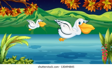 Illustration of two flying animals at the river