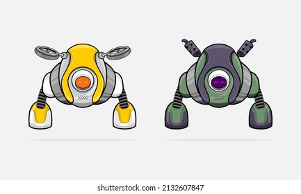 illustration of two flying robots with slightly different colors and shapes