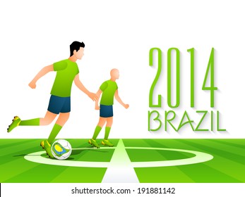 Illustration of two football players playing with soccer ball and stylish text brazil 2014. 