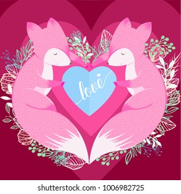 Illustration of two foxes in the shape of a heart lay on the grass. Ideal for greeting cards, wallpapers, gift paper, cobwebs, textiles, backgrounds