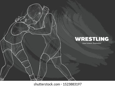 illustration of Two freestyle Wrestling on chalkboard. vector illustration. Wrestling background.