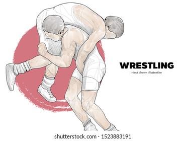 illustration of Two freestyle Wrestling with red dot on white background. vector illustration. sport background.