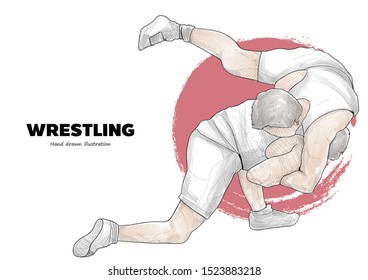 illustration of Two freestyle Wrestling with red dot on white background. vector illustration. sport background.