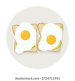Ilustração de dois ovos fritos na torrada com verduras verdes em uma placa contra um fundo branco.