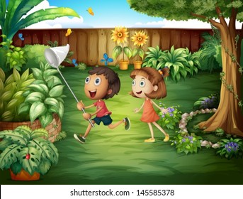 Illustration of the two friends catching butterflies at the backyard