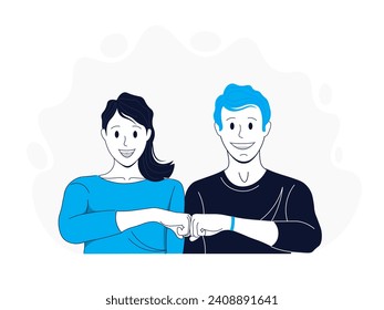 Illustration of two friends girl and guy smiling together. Friends who help each other. Flat illustration in modern style.