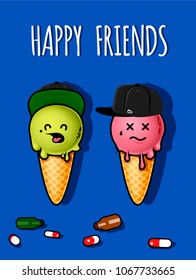 Illustration of two friends -  ice creams that addicted to alcohol and drugs 