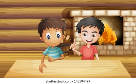 Ilustración de los dos amigos dentro de la casa con chimenea