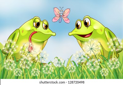 Illustration of two frogs and a butterfly at the garden