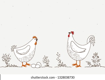 Illustration of two funny cartoon chickens on white background