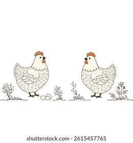 Illustration of two funny cartoon chickens on white background