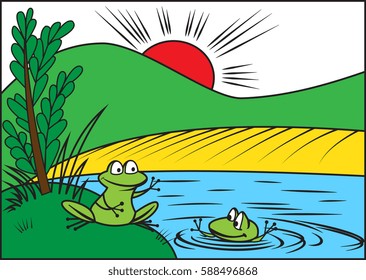 Illustration of two funny cartoon frog on nature background