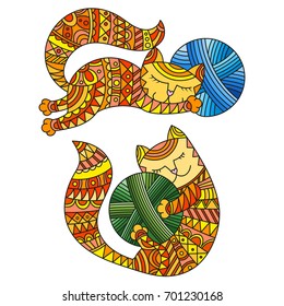 Illustration of two funny cats hugging patterned red balls of yarn, a set isolate on white background