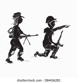 Illustration of two funny characters, man and woman, holding the guns in uniform. Concept of war. 