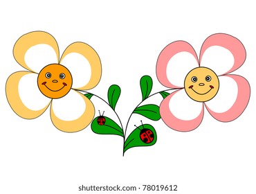 Illustration of two funny flowers and ladybirds on a white background