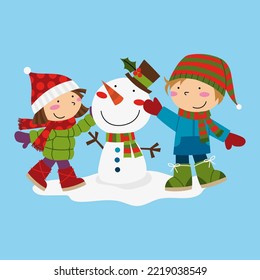 Illustration zweier lustiger Kinder, die einen lustigen Schneemann machen