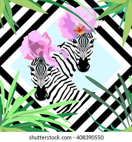  Illustration two Funny watercolor  zebras, fashion  design, poster textiles, seamless pattern,  floral texture spring summer,  color tropical vector prints