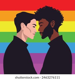 Illustration of two gay men looking at each other in front of the rainbow flag. One man is black and the other is Asian.