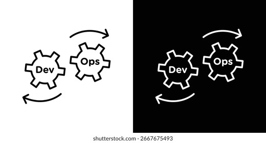 Illustration of two gears labeled 'Dev' and 'Ops', interconnected and rotating, isolated on white and black backgrounds.