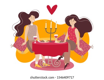 Illustration of two girlfriends eating at a table with candles isolated on a white background.Vector illustration with two girls in love. Thanksgiving or  holiday. Colorful vector illustration.