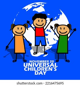 Illustration of two girls with a boy smiling happily with the earth icon behind and bold text on a blue background to commemorate Universal Children’s Day on November 20