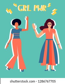 Illustration of two girls in bright clothes. Girl power concept. Art can be used for congratulation on International Women's Day.