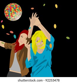 Illustration of two girls dancing at the disco
