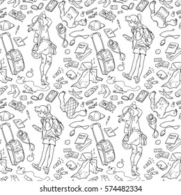 Illustration of two girls and different stuff for traveling. Seamless pattern. Black and white, anti-stress. Adult and children coloring books.