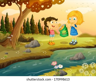 Illustration of the two girls eating junkfoods at the riverbank