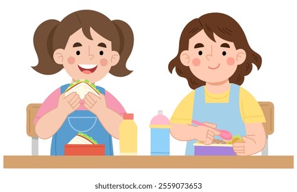 Illustration of two girls enjoying lunch