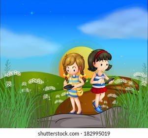 Illustration of the two girls at the hilltop using their cellphones