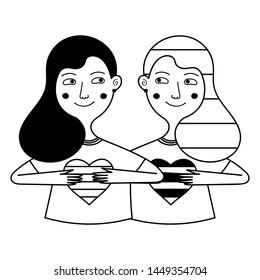 Illustration of two girls hold hearts. They look at each other. The relationship of two women. Simple flat style. Black and white color. Print on clothes. Conceptual illustration.