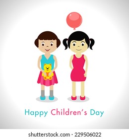 Illustration of two girls holding balloon and teddy for children's day background design