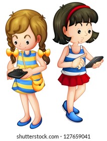 Illustration of two girls holding a gadget on a white background