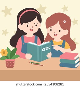 illustration of two girls learning to read a book happily