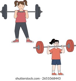 Illustration of two girls lifting barbells, showcasing strength training and fitness activities.

