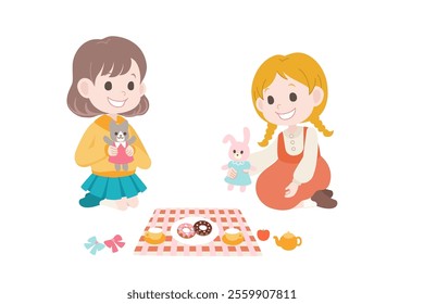 Illustration of two girls playing house and dress-up dolls