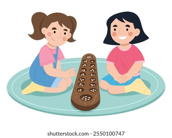 Illustration of two girls playing the traditional Indonesian toy game congklak