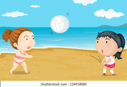 Illustration of two girls playing volleyball in the seashore