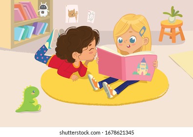 illustration of two girls reading the book in a book corner in the kindergarten