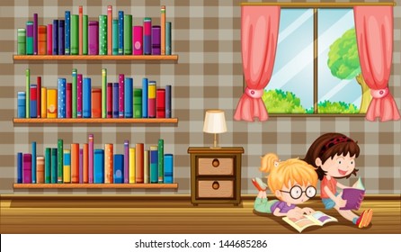 Illustration of the two girls reading books beside the bookshelves