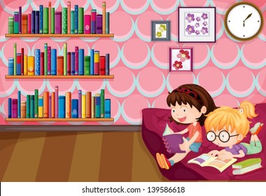 Illustration of the two girls reading inside the house