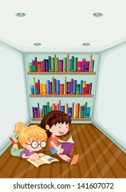 Illustration of the two girls reading inside the room on a white background