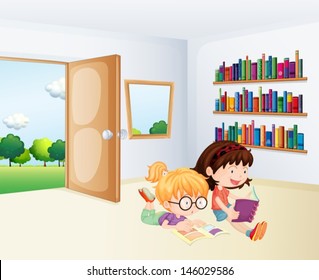 Illustration of the two girls reading inside a room