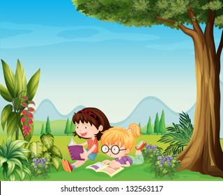 Illustration of the two girls reading near the plants