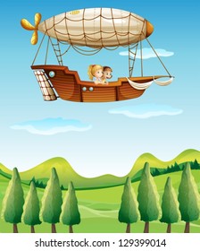 Illustration of two girls riding in an airship